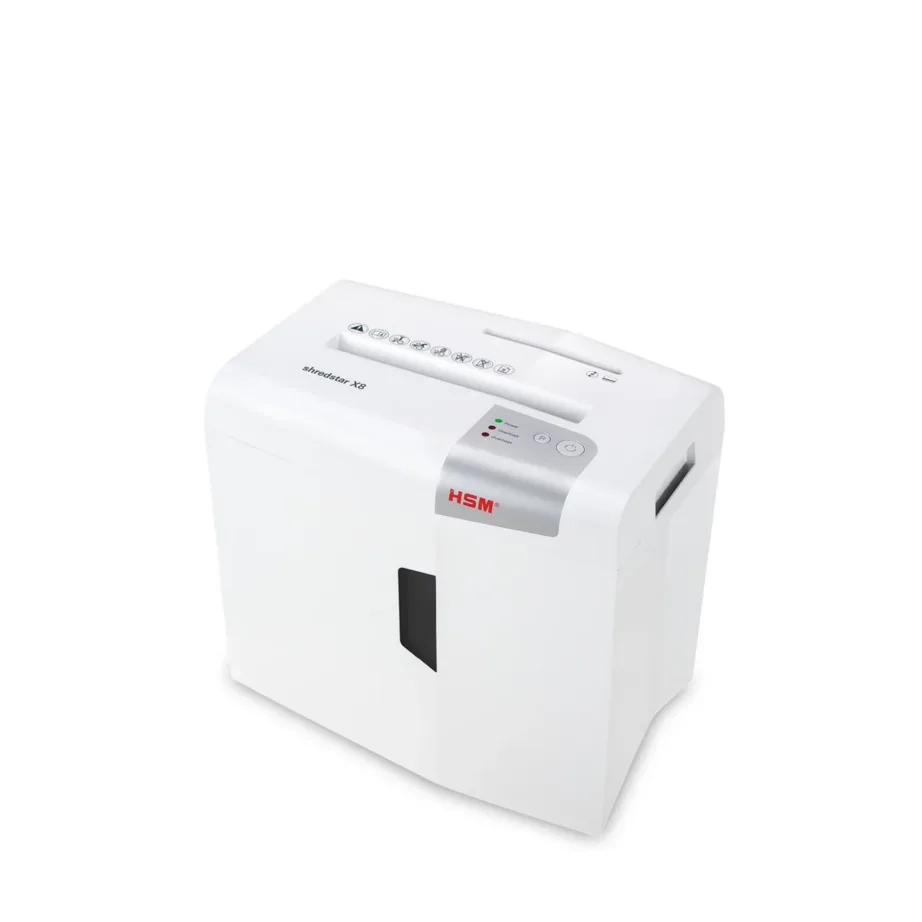 HSM shredstar X8 8-leheline 4,5×30 mm osakesteks lõikav dokumendihävitaja, CD-/krediitkaardi lõikur, 18L valge/hõbedane, 22 cm töölaius – 2