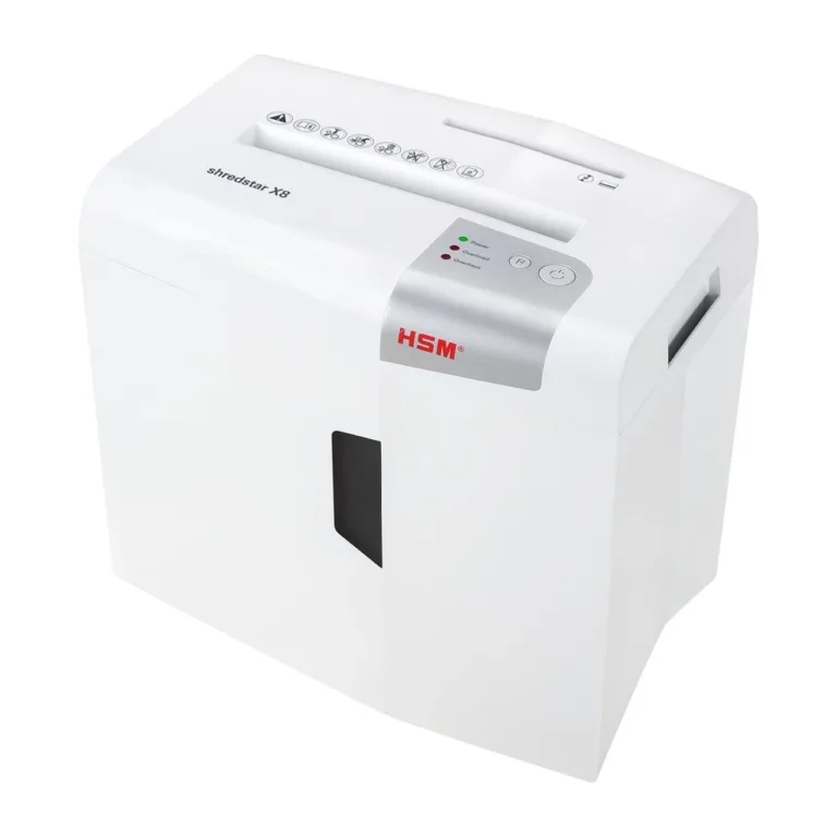 HSM shredstar X8 8-leheline 4,5x30 mm osakesteks lõikav dokumendihävitaja, CD-/krediitkaardi lõikur, 18L valge/hõbedane, 22 cm töölaius