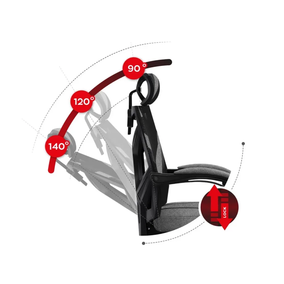 Huzaro Combat 5.0 Grey 67 cm laiune ergonoomiline mänguritool, nailonvõrgust seljatugi, peatoega, 140 kg kandevõimega, kallutatav, must-hall – 2