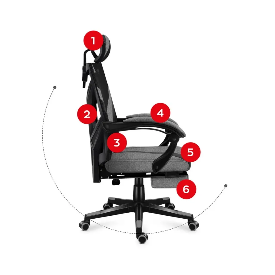 Huzaro Combat 5.0 Grey 67 cm laiune ergonoomiline mänguritool, nailonvõrgust seljatugi, peatoega, 140 kg kandevõimega, kallutatav, must-hall – 16