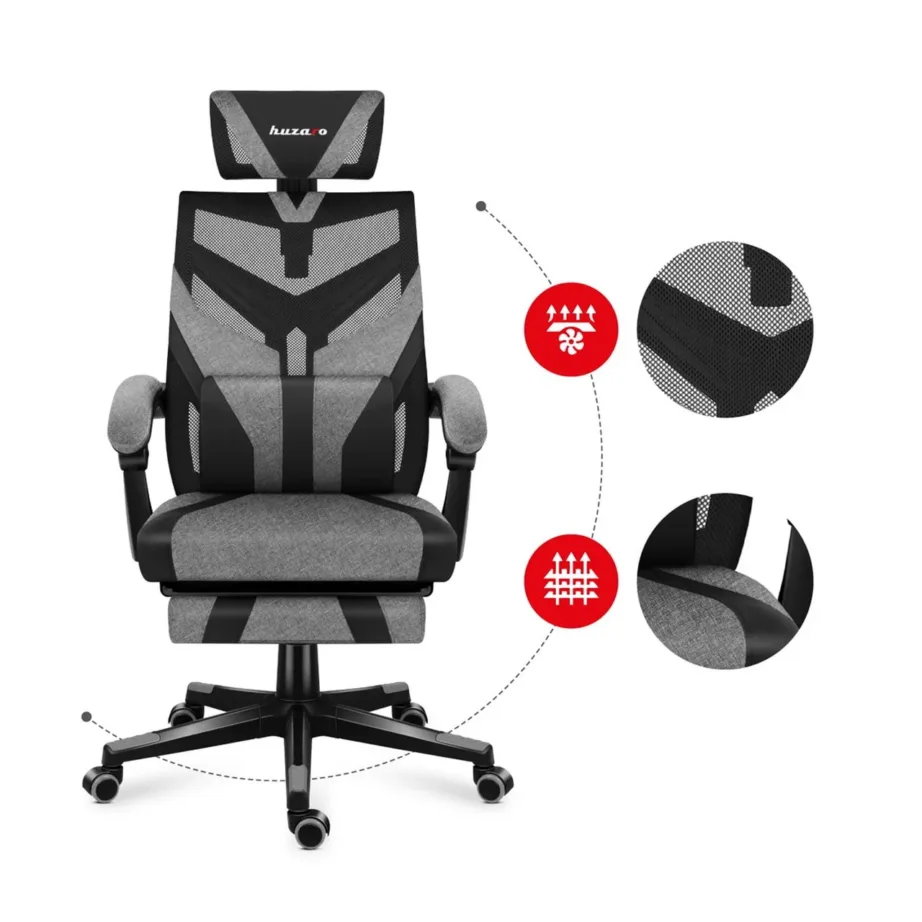 Huzaro Combat 5.0 Grey 67 cm laiune ergonoomiline mänguritool, nailonvõrgust seljatugi, peatoega, 140 kg kandevõimega, kallutatav, must-hall – 5