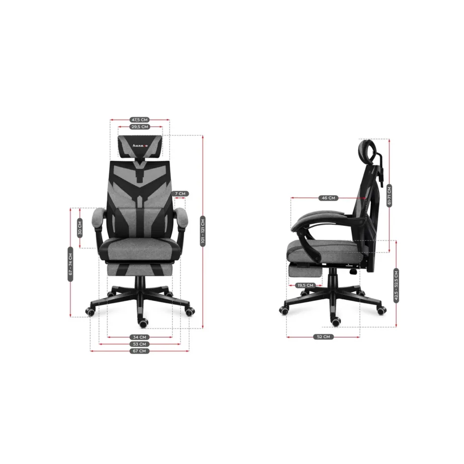 Huzaro Combat 5.0 Grey 67 cm laiune ergonoomiline mänguritool, nailonvõrgust seljatugi, peatoega, 140 kg kandevõimega, kallutatav, must-hall – 6