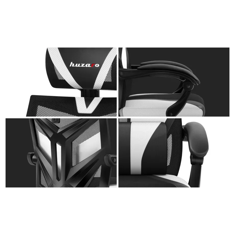 Huzaro Combat 5.0 White 67 cm lai mänguritool ergonoomilise võrkseljatoega, täpselt reguleeritav, 140 kg kandevõimega, must/valge – 14