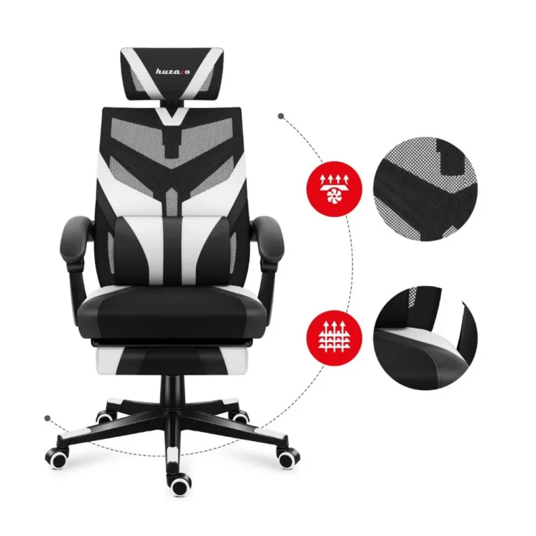 Huzaro Combat 5.0 White 67 cm lai mänguritool ergonoomilise võrkseljatoega, täpselt reguleeritav, 140 kg kandevõimega, must/valge