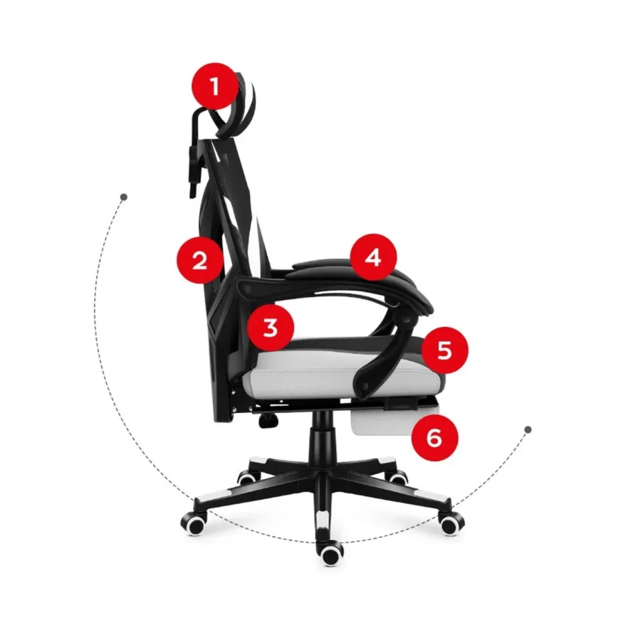 Huzaro Combat 5.0 White 67 cm lai mänguritool ergonoomilise võrkseljatoega, täpselt reguleeritav, 140 kg kandevõimega, must/valge – 3