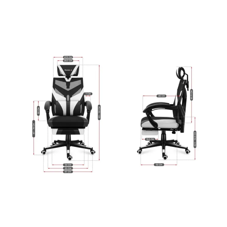 Huzaro Combat 5.0 White 67 cm lai mänguritool ergonoomilise võrkseljatoega, täpselt reguleeritav, 140 kg kandevõimega, must/valge