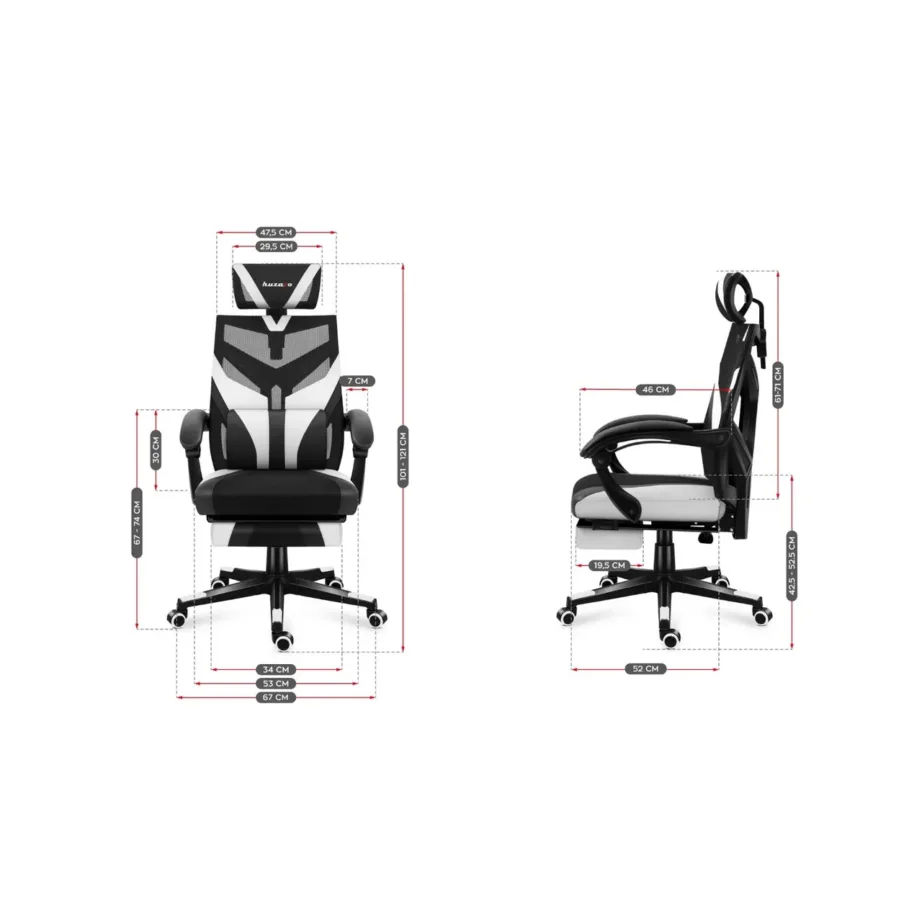 Huzaro Combat 5.0 White 67 cm lai mänguritool ergonoomilise võrkseljatoega, täpselt reguleeritav, 140 kg kandevõimega, must/valge – 4