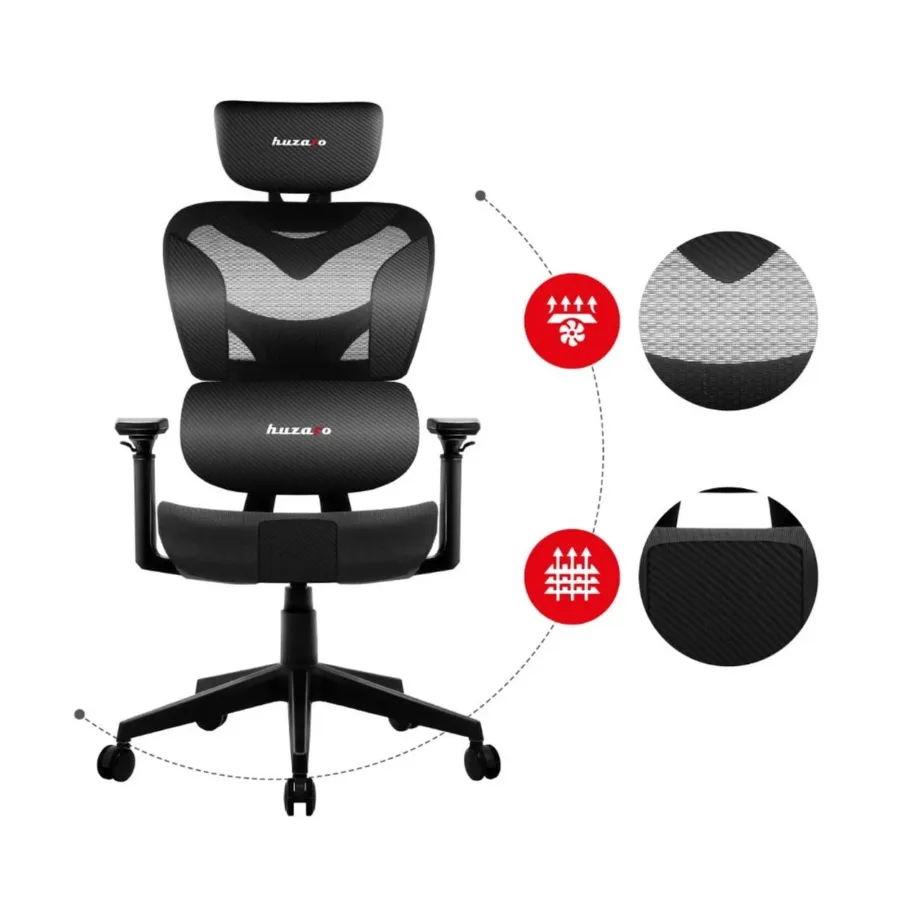 Huzaro Combat 8.0 Carbon 66 cm must ergonoomiline mänguritool, tekstiil–PU nahk, reguleeritav, 150 kg kandevõimega – 6