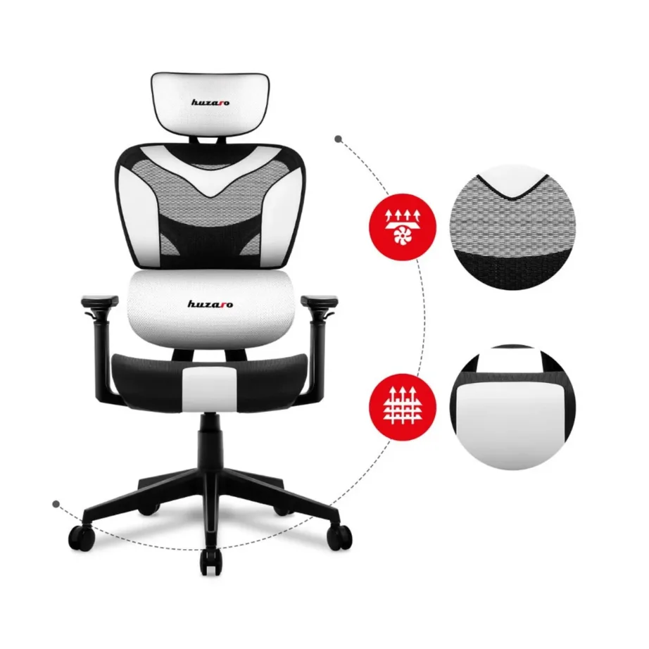 Huzaro Combat 8.0 White kangast-mänguritool, ergonoomiline, reguleeritav, must/valge, 125–133 cm, 150 kg – 3