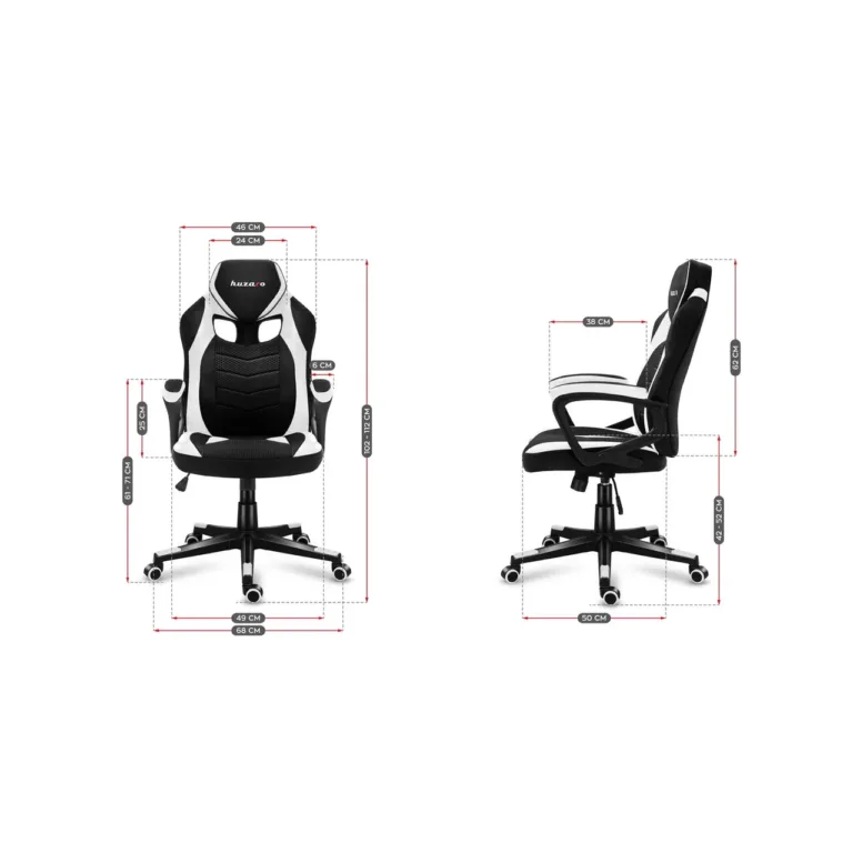 Huzaro Force 2.5 White Mesh 68x102-112 cm valge-must ergonoomiline mänguritool, reguleeritava kõrguse, kangast ja võrkmaterjalist istmega, pehme käetoega, maksimaalne kandevõime 130 kg