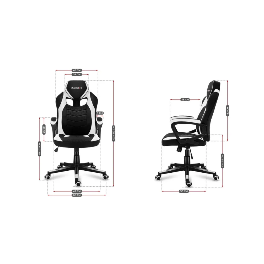 Huzaro Force 2.5 White Mesh 68×102-112 cm valge-must ergonoomiline mänguritool, reguleeritava kõrguse, kangast ja võrkmaterjalist istmega, pehme käetoega, maksimaalne kandevõime 130 kg – 4