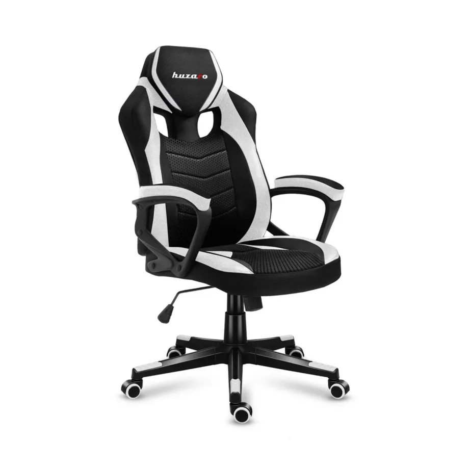Huzaro Force 2.5 White Mesh 68×102-112 cm valge-must ergonoomiline mänguritool, reguleeritava kõrguse, kangast ja võrkmaterjalist istmega, pehme käetoega, maksimaalne kandevõime 130 kg