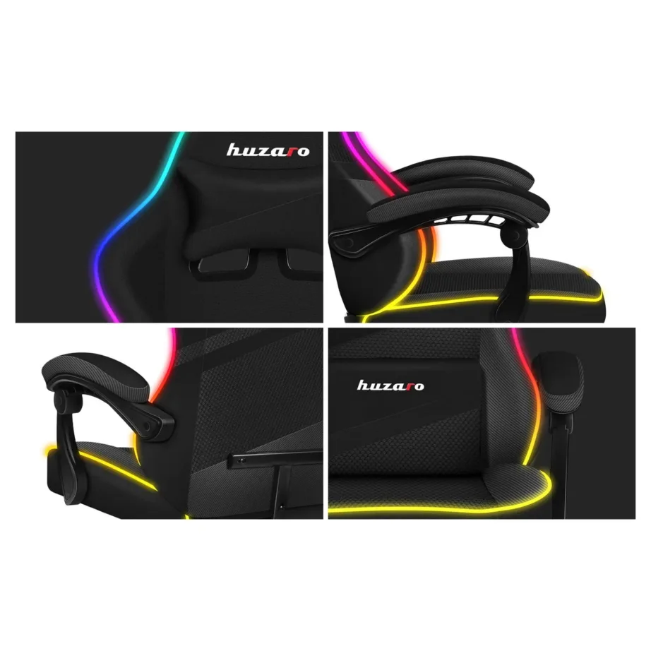 Huzaro Force 4.4 RGB Black 71 cm laiune ergonoomiline mänguritool, RGB valgustus, reguleeritav kõrgus (45–55 cm), pehme kangas/vaht, terasalus, kuni 130 kg – 4
