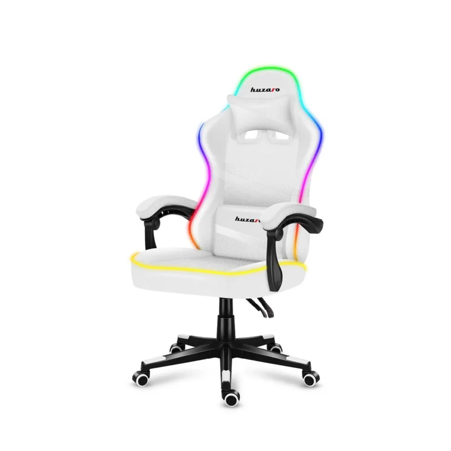 Huzaro Force 4.4 RGB White ergonoomiline mänguritool, valge, kangast polsterdus, reguleeritav kõrgus 45–55 cm, RGB valgustus, terasalus, maksimaalne kandevõime 130 kg – 3