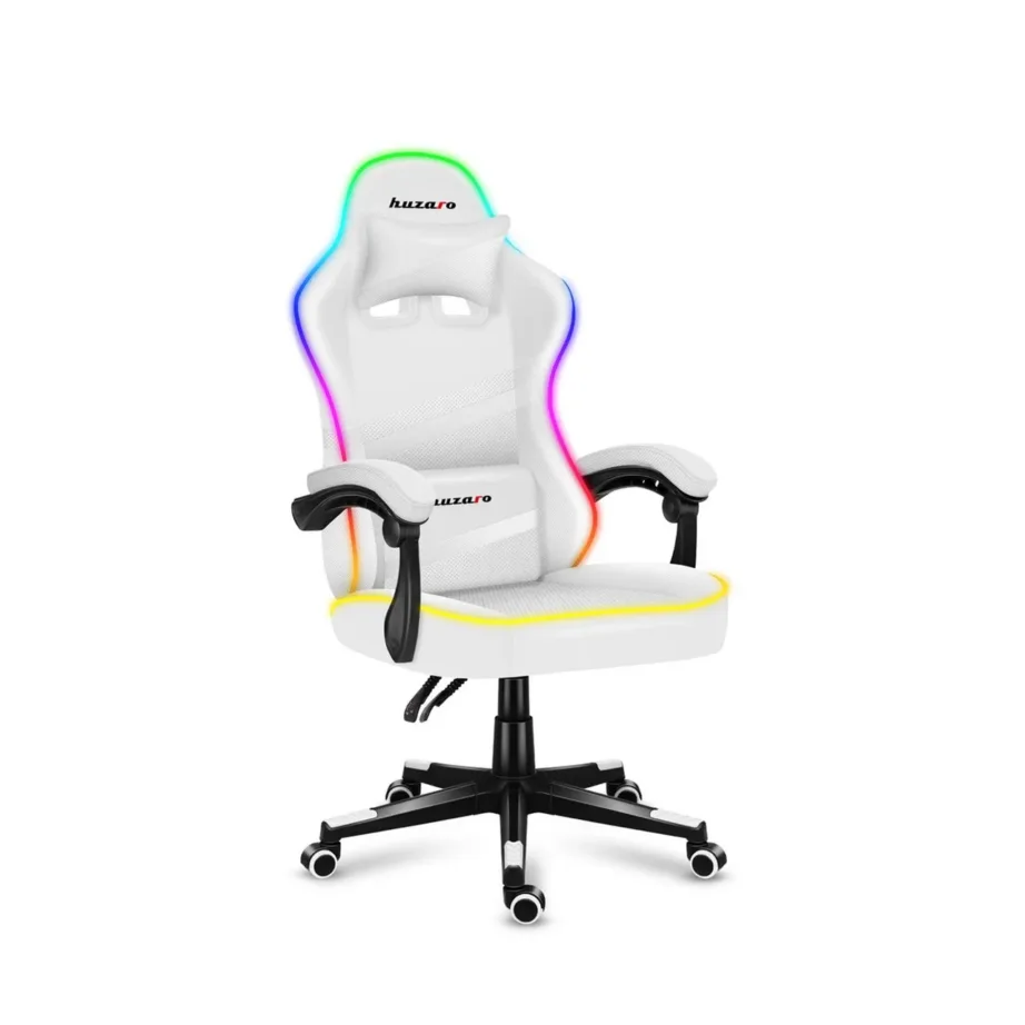 Huzaro Force 4.4 RGB White ergonoomiline mänguritool, valge, kangast polsterdus, reguleeritav kõrgus 45–55 cm, RGB valgustus, terasalus, maksimaalne kandevõime 130 kg – 4