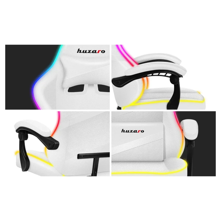 Huzaro Force 4.4 RGB White ergonoomiline mänguritool, valge, kangast polsterdus, reguleeritav kõrgus 45–55 cm, RGB valgustus, terasalus, maksimaalne kandevõime 130 kg – 7