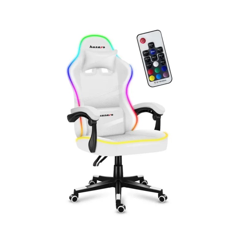 Huzaro Force 4.4 RGB White ergonoomiline mänguritool, valge, kangast polsterdus, reguleeritav kõrgus 45–55 cm, RGB valgustus, terasalus, maksimaalne kandevõime 130 kg