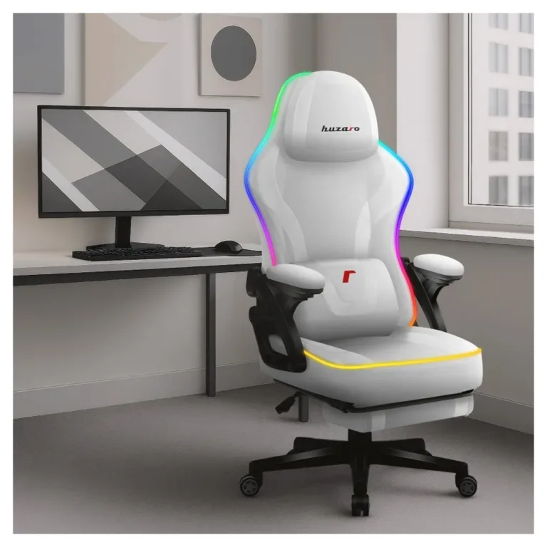 Huzaro Force 4.6 RGB White Mesh 129 cm valge kangast mänguritool jalatoe ja LED-taustvalgustusega, kuni 130 kg