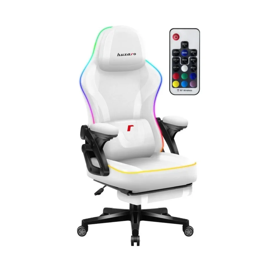 Huzaro Force 4.6 RGB White Mesh 129 cm valge kangast mänguritool jalatoe ja LED-taustvalgustusega, kuni 130 kg