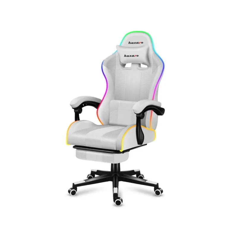 Huzaro Force 4.7 RGB White – 67 cm laiune ergonoomiline kangast mänguritool jalatoe ja juhtpuldiga, USB-toitega, kandevõime kuni 140 kg