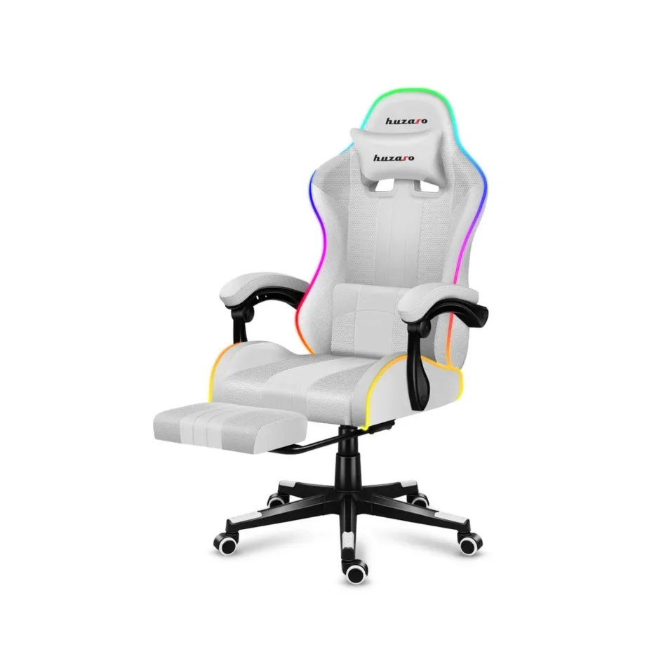 Huzaro Force 4.7 RGB White – 67 cm laiune ergonoomiline kangast mänguritool jalatoe ja juhtpuldiga, USB-toitega, kandevõime kuni 140 kg – 13