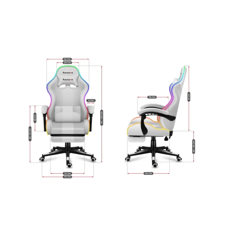 Huzaro Force 4.7 RGB White – 67 cm laiune ergonoomiline kangast mänguritool jalatoe ja juhtpuldiga, USB-toitega, kandevõime kuni 140 kg