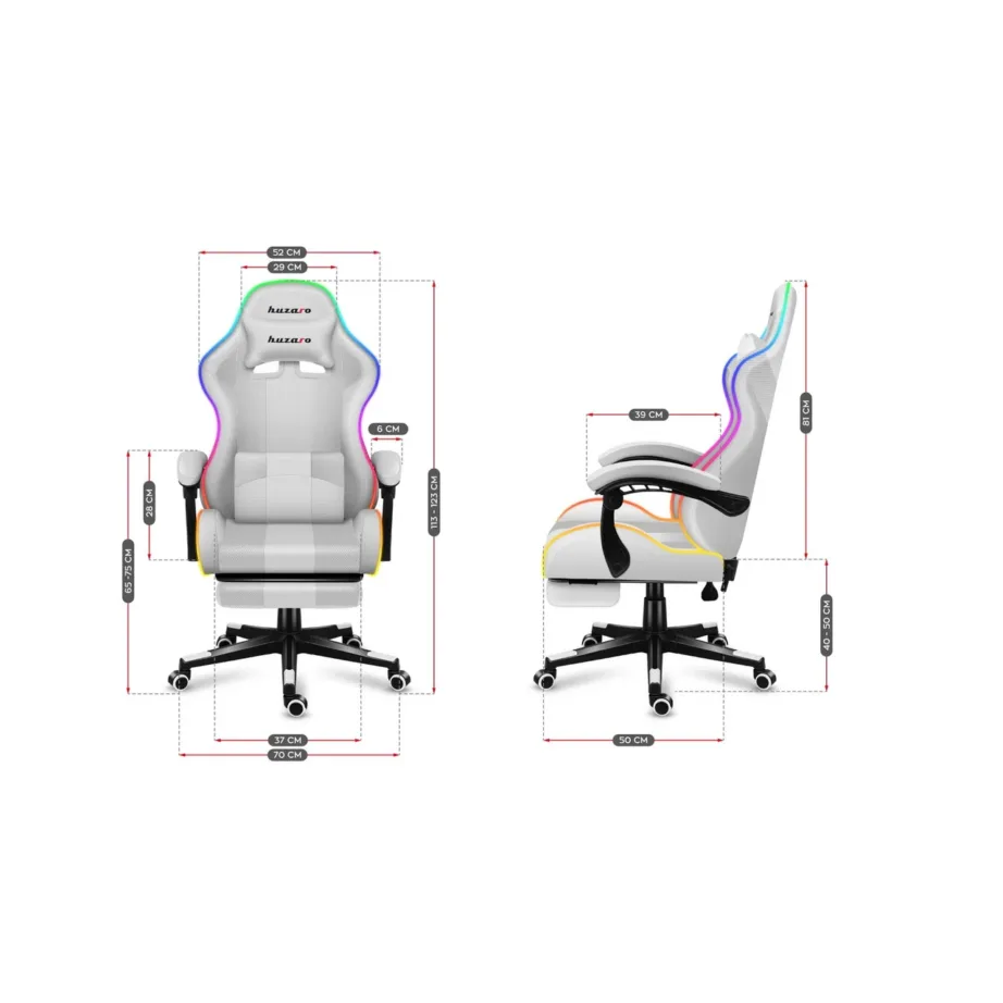 Huzaro Force 4.7 RGB White – 67 cm laiune ergonoomiline kangast mänguritool jalatoe ja juhtpuldiga, USB-toitega, kandevõime kuni 140 kg – 3