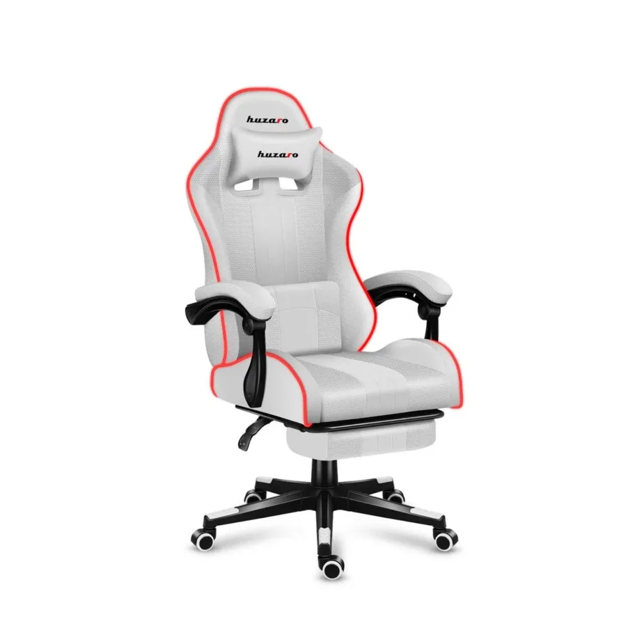 Huzaro Force 4.7 RGB White – 67 cm laiune ergonoomiline kangast mänguritool jalatoe ja juhtpuldiga, USB-toitega, kandevõime kuni 140 kg – 5