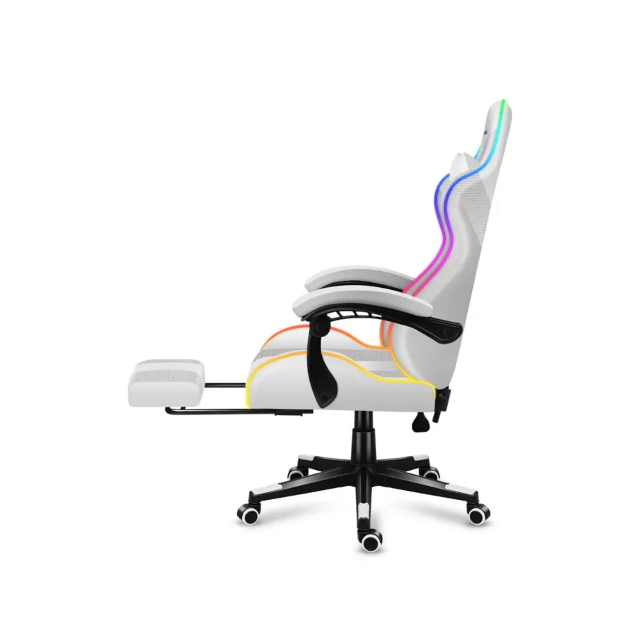 Huzaro Force 4.7 RGB White – 67 cm laiune ergonoomiline kangast mänguritool jalatoe ja juhtpuldiga, USB-toitega, kandevõime kuni 140 kg – 6