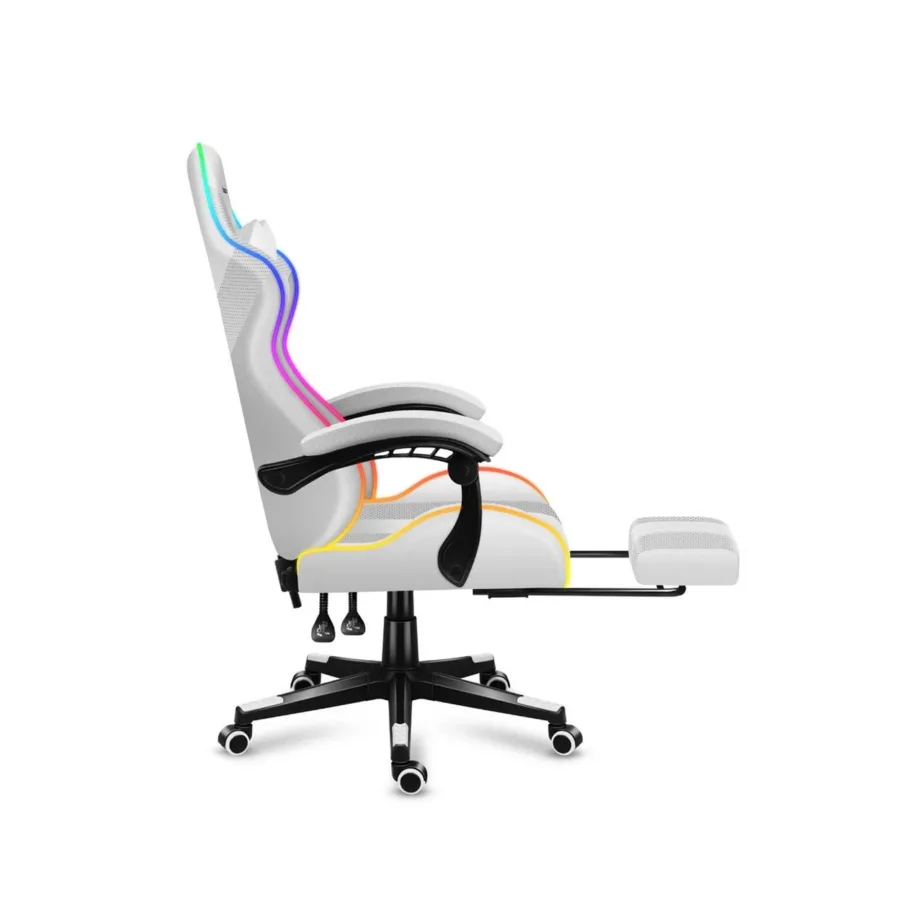Huzaro Force 4.7 RGB White – 67 cm laiune ergonoomiline kangast mänguritool jalatoe ja juhtpuldiga, USB-toitega, kandevõime kuni 140 kg – 7