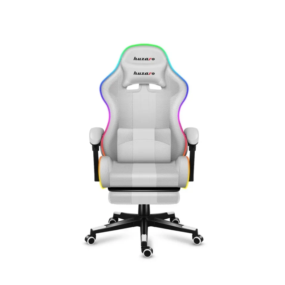 Huzaro Force 4.7 RGB White – 67 cm laiune ergonoomiline kangast mänguritool jalatoe ja juhtpuldiga, USB-toitega, kandevõime kuni 140 kg – 9