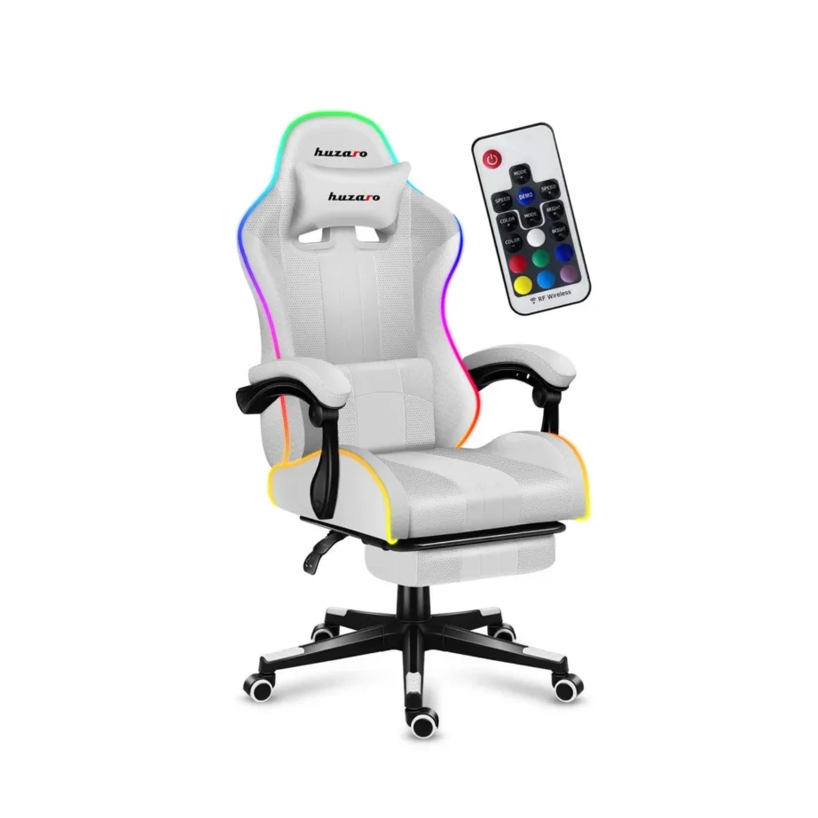 Huzaro Force 4.7 RGB White – 67 cm laiune ergonoomiline kangast mänguritool jalatoe ja juhtpuldiga, USB-toitega, kandevõime kuni 140 kg