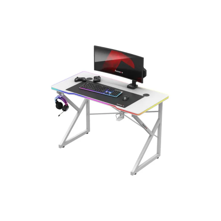 Huzaro Hero 1.7 RGB White 120x60 cm valge mängurilaud LED-valgustuse, joogitopsi ja kõrvaklappide hoidikuga