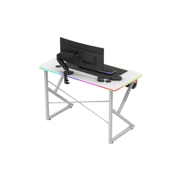 Huzaro Hero 1.7 RGB White 120x60 cm valge mängurilaud LED-valgustuse, joogitopsi ja kõrvaklappide hoidikuga