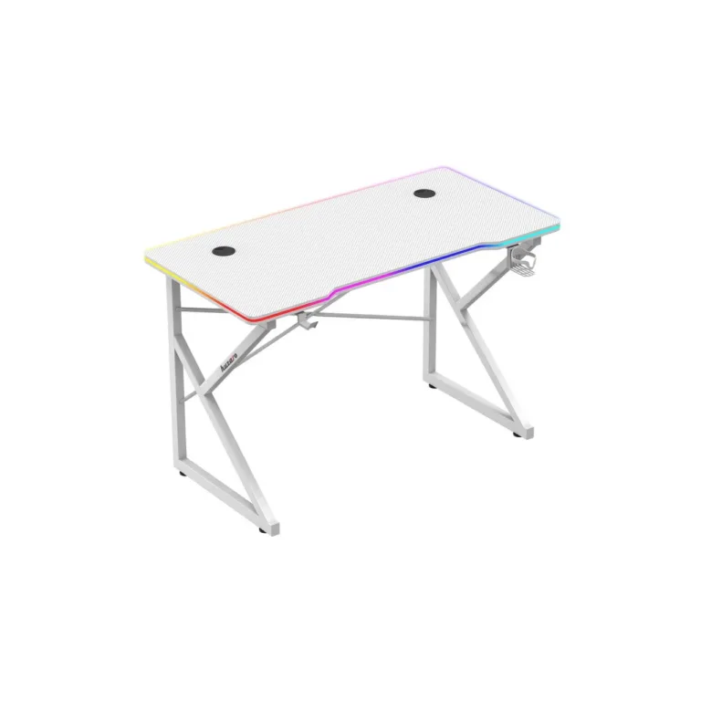 Huzaro Hero 1.7 RGB White 120x60 cm valge mängurilaud LED-valgustuse, joogitopsi ja kõrvaklappide hoidikuga