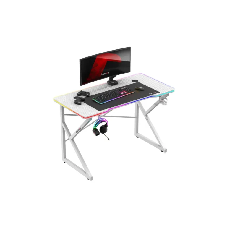 Huzaro Hero 1.7 RGB White 120x60 cm valge mängurilaud LED-valgustuse, joogitopsi ja kõrvaklappide hoidikuga