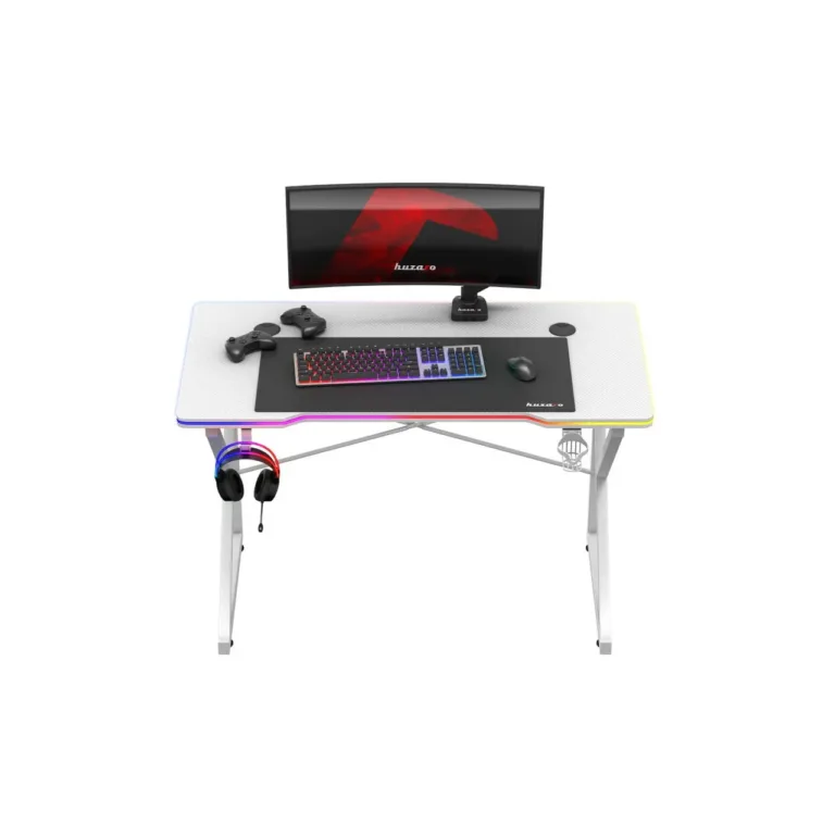 Huzaro Hero 1.7 RGB White 120x60 cm valge mängurilaud LED-valgustuse, joogitopsi ja kõrvaklappide hoidikuga