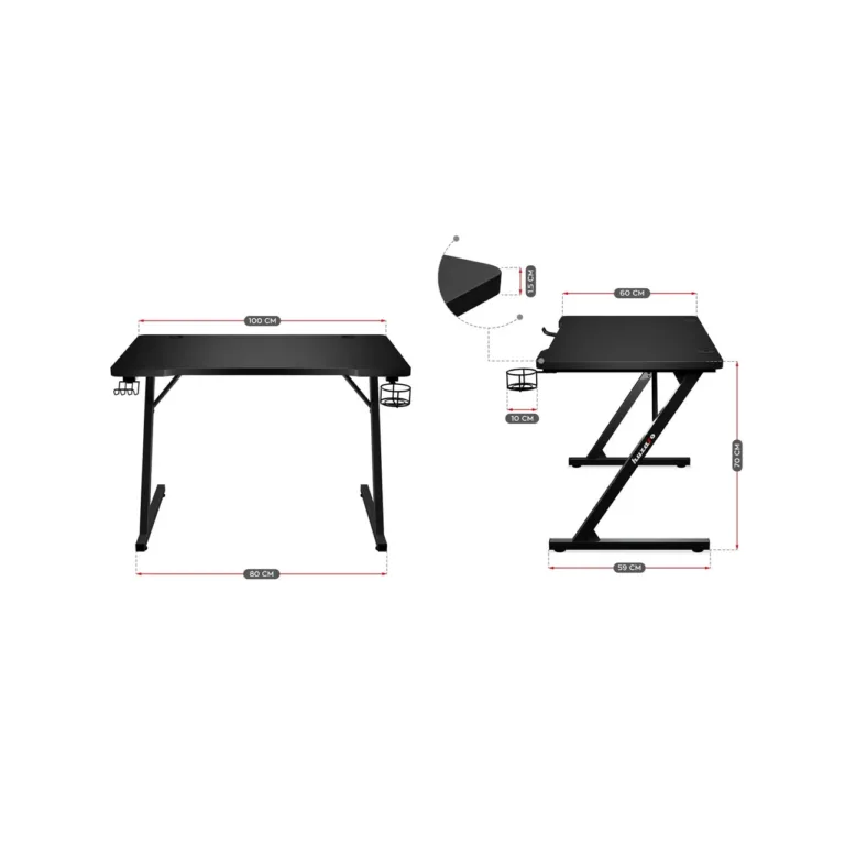 Huzaro Hero 1.8 Black 100x60 cm must mängurilaud kaabliavade ja hoidikutega, terasraam, MDF lauaplaat