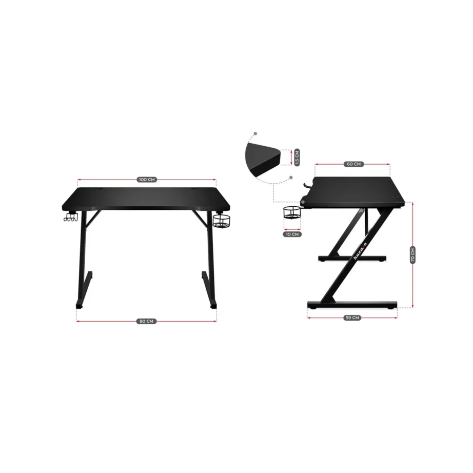Huzaro Hero 1.8 Black 100×60 cm must mängurilaud kaabliavade ja hoidikutega, terasraam, MDF lauaplaat – 7