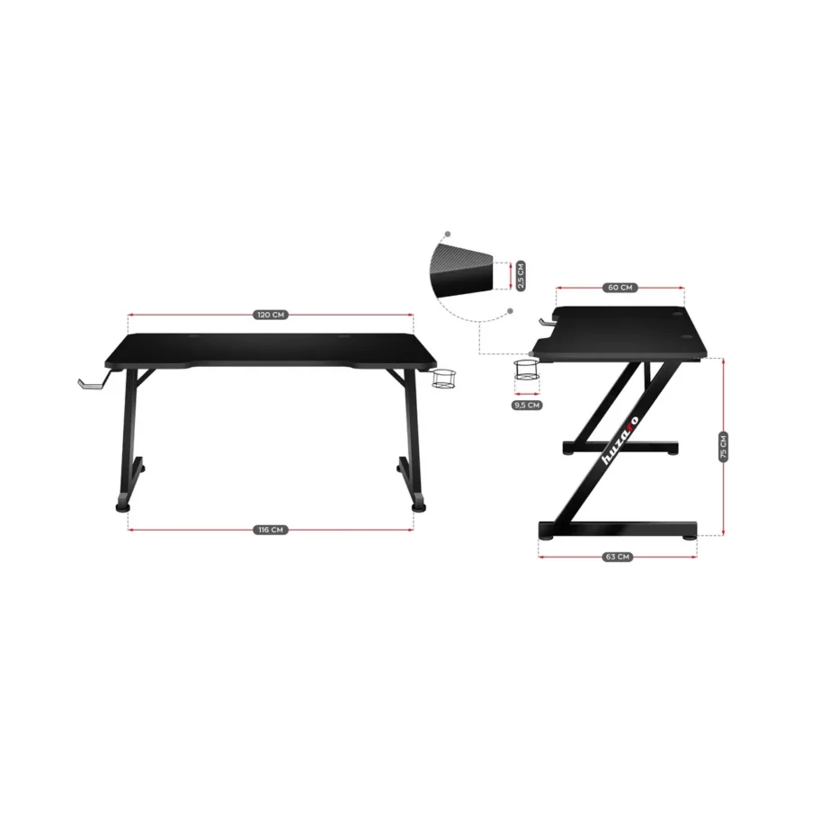 Huzaro Hero 2.5 120×60 cm must HDF lauaplaat, alumiiniumraamiga arvutilaud juhtmeavade, klapikonksu ja topsihoidjaga – 7