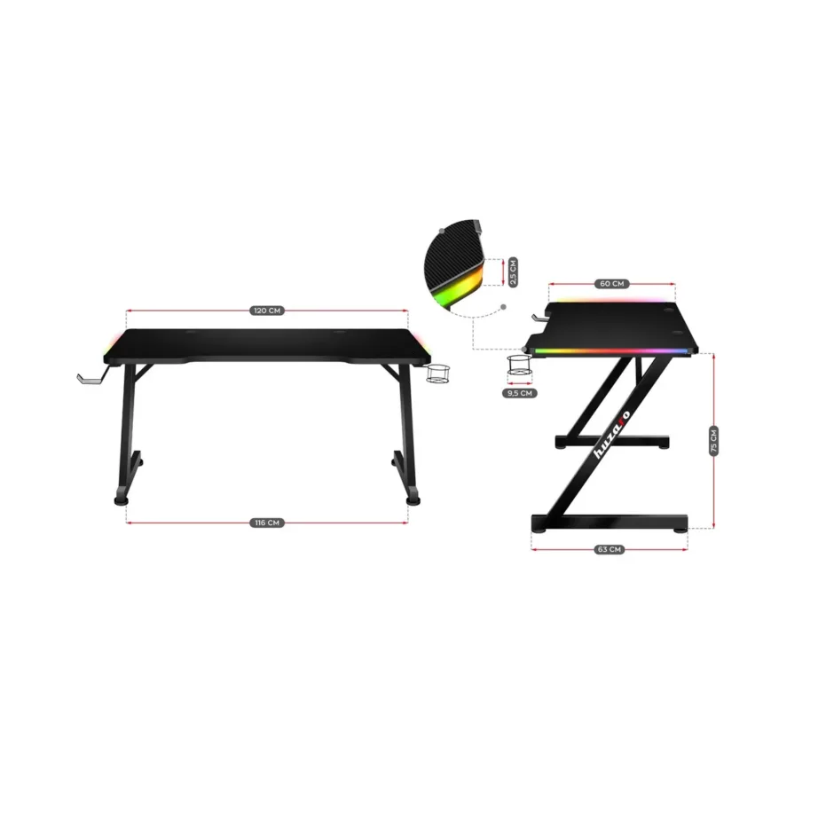 Huzaro Hero 2.5 RGB 120×60 cm must LED-valgustusega MDF mängurilaud puldiga – 7