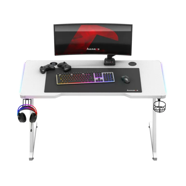 Huzaro Hero 2.5 White RGB 120x60 cm valge terasraamiga LED-taustvalgustusega mängurilaud USB-pesade ja tarvikute hoidikutega