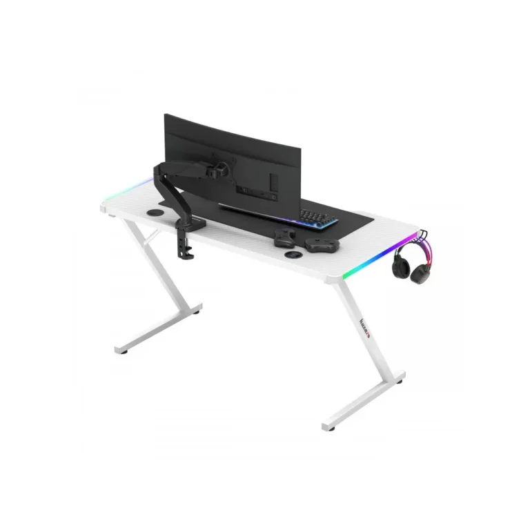 Huzaro Hero 2.5 White RGB 120x60 cm valge terasraamiga LED-taustvalgustusega mängurilaud USB-pesade ja tarvikute hoidikutega