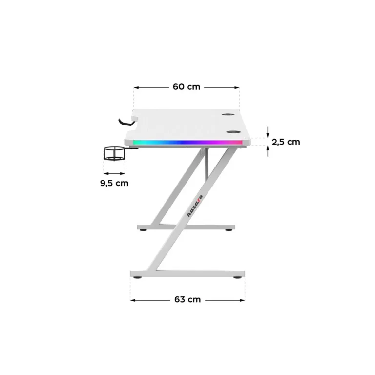 Huzaro Hero 2.5 White RGB 120x60 cm valge terasraamiga LED-taustvalgustusega mängurilaud USB-pesade ja tarvikute hoidikutega