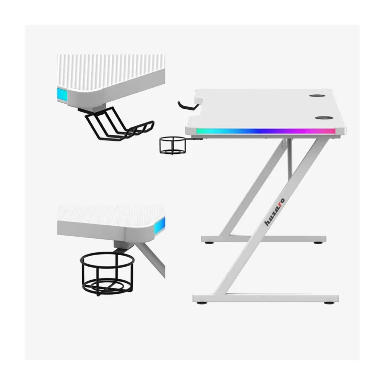 Huzaro Hero 2.5 White RGB 120x60 cm valge terasraamiga LED-taustvalgustusega mängurilaud USB-pesade ja tarvikute hoidikutega