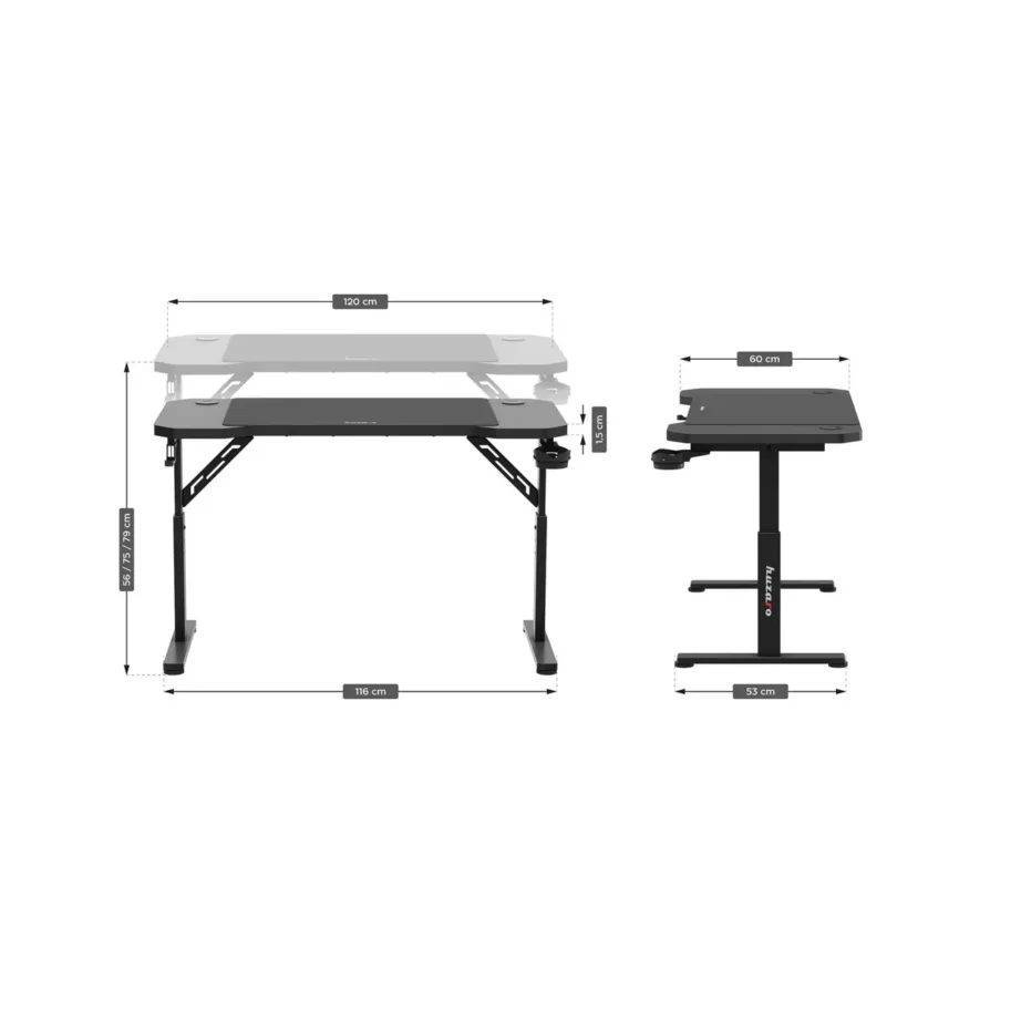 Huzaro Hero 2.6 120×60 cm must metallraamiga reguleeritava kõrgusega mängurilaud, kruusi- ja kõrvaklapihoidikuga – 2