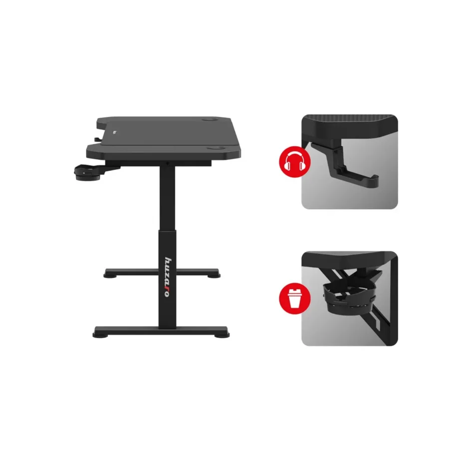 Huzaro Hero 2.6 120×60 cm must metallraamiga reguleeritava kõrgusega mängurilaud, kruusi- ja kõrvaklapihoidikuga – 4