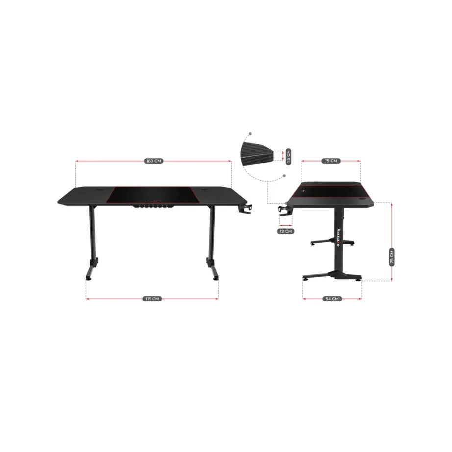 Huzaro Hero 4.7 160×75 cm must mängurilaud karbonviimistlusega, MDF, alumiiniumraam, hiirematt ja tarvikute hoidjad – 6