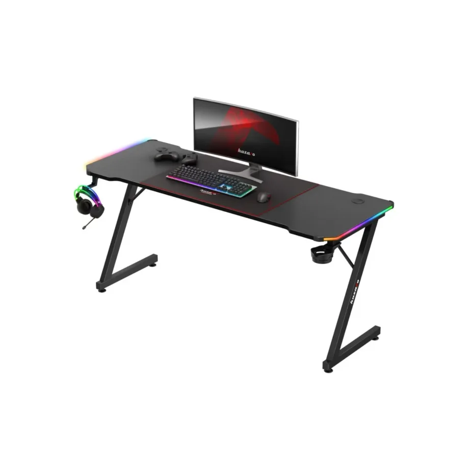 Huzaro Hero 4.8 RGB 160×60 cm must LED-valgustusega mängurilaud, kaugjuhtimispuldiga, sirge lauaplaat, joogitopsi- ja kõrvaklappide hoidjaga – 2