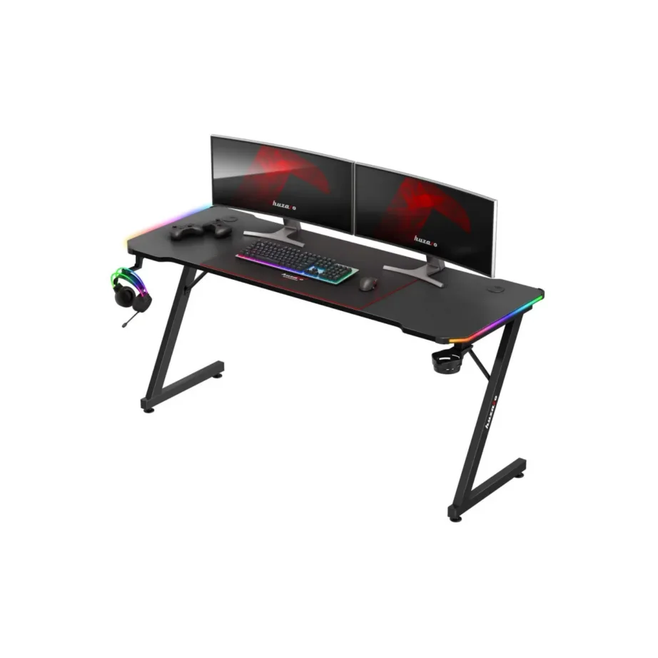 Huzaro Hero 4.8 RGB 160×60 cm must LED-valgustusega mängurilaud, kaugjuhtimispuldiga, sirge lauaplaat, joogitopsi- ja kõrvaklappide hoidjaga – 3